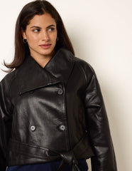 Double Breasted Leather Look Jacket